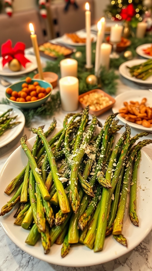 Garlic roasted asparagus with Parmesan on a festive table for Christmas dinner.